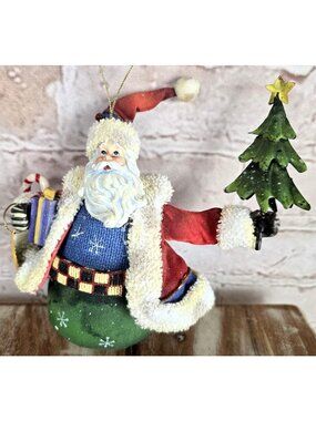 Old World Santa Gifts VTG Design Fabric Mache Roly Poly Christmas Ornament 6"